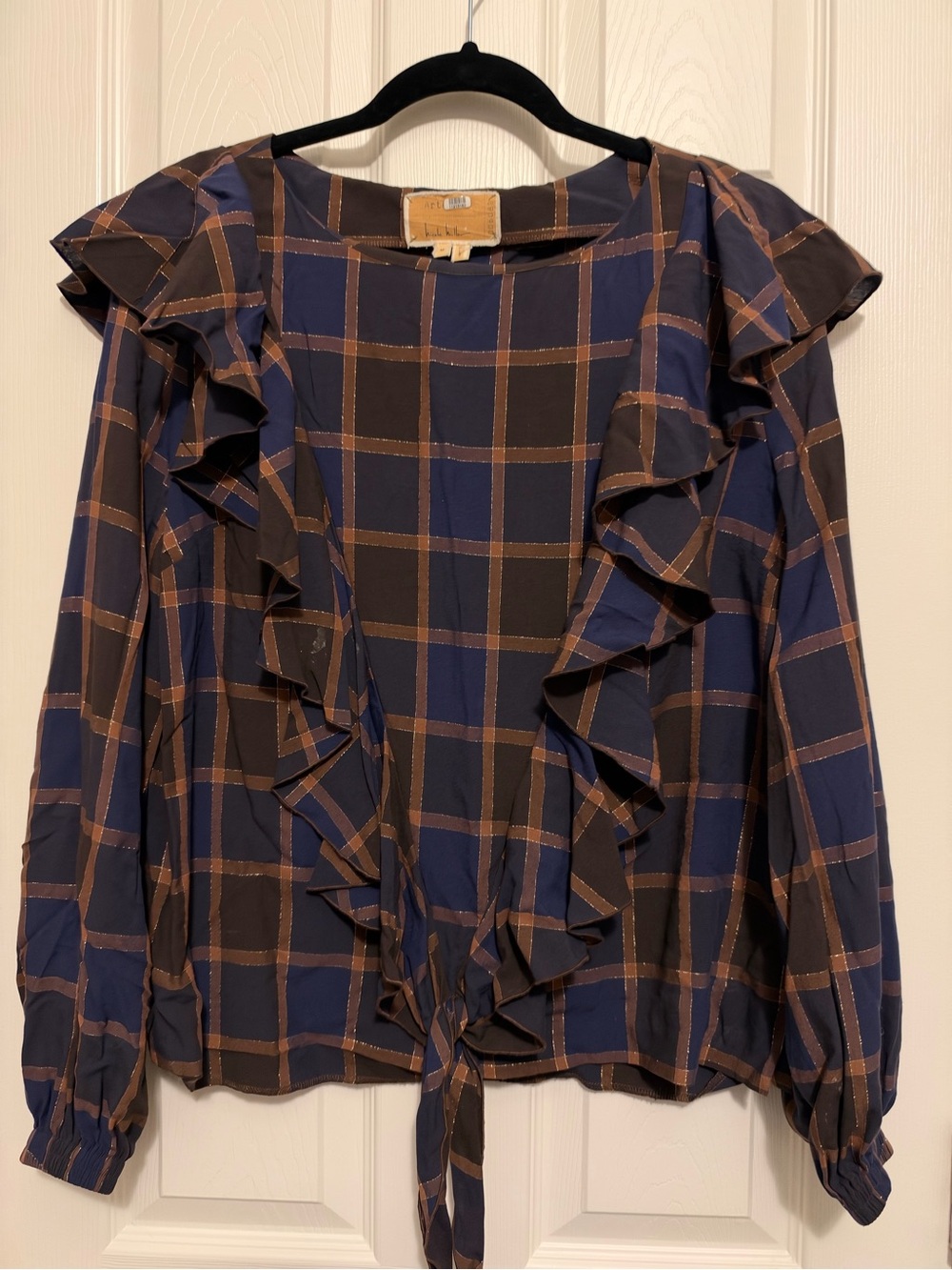 Nicole Miller Navy and Brown Plaid Ruffle Tie-Front Blouse